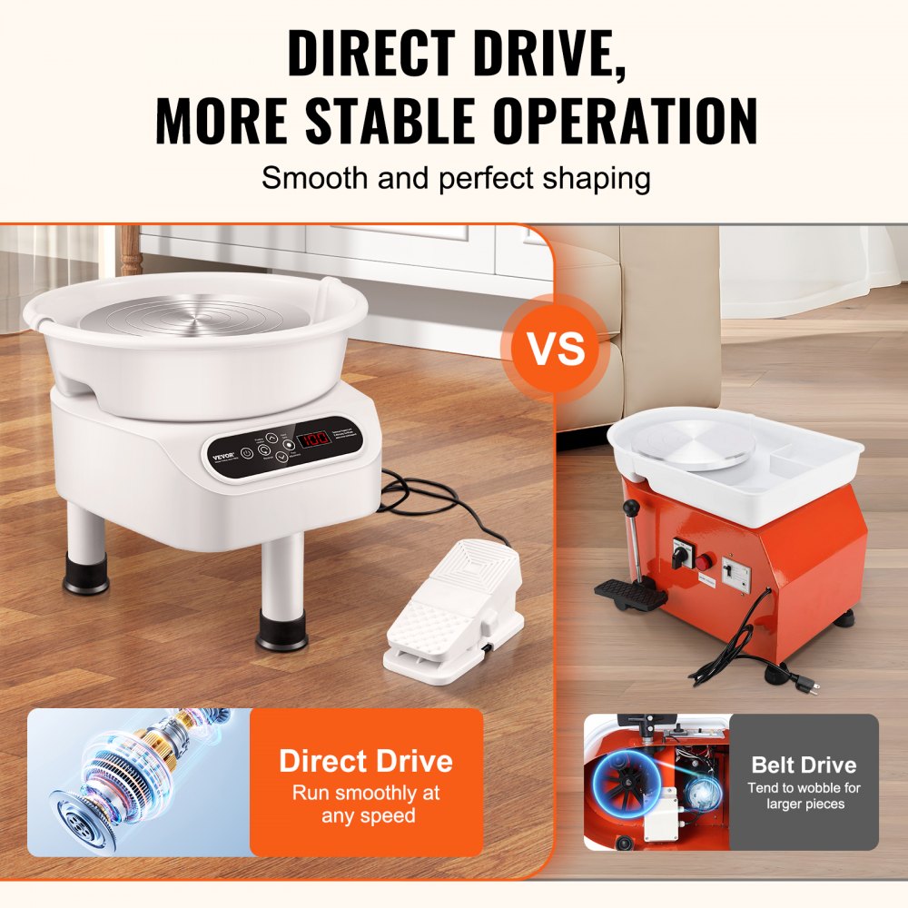 White 10-inch electric pottery wheel with direct drive motor, LCD panel, foot pedal, and comparison to belt drive model.
