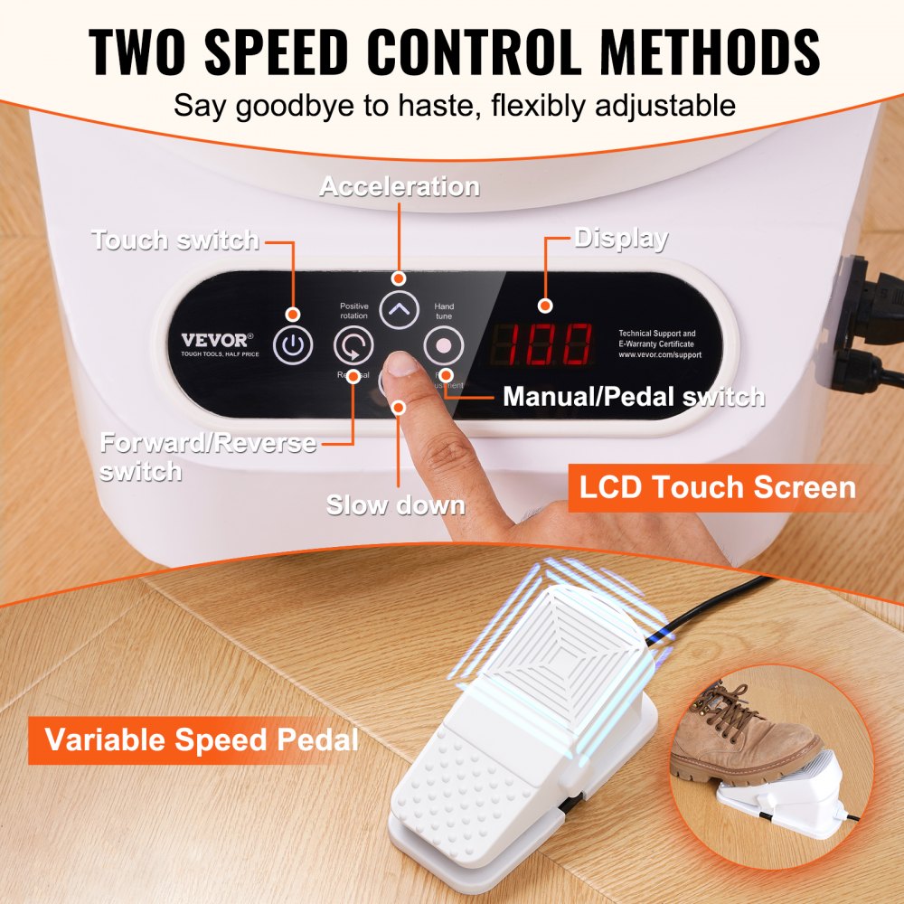 Electric pottery wheel with LCD touch screen, touch controls, and adjustable foot pedal.