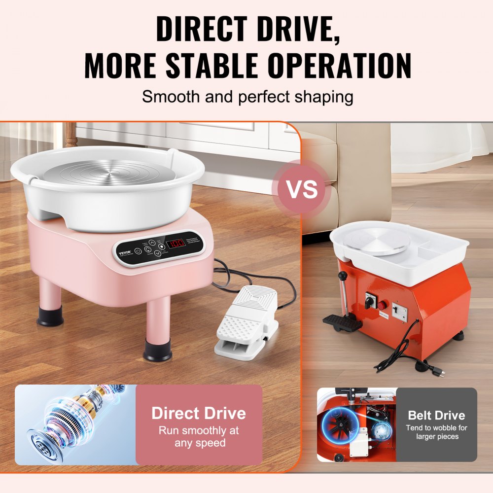 Pink 11-inch pottery wheel with direct drive motor, LCD panel, foot pedal, and comparison to belt drive model.