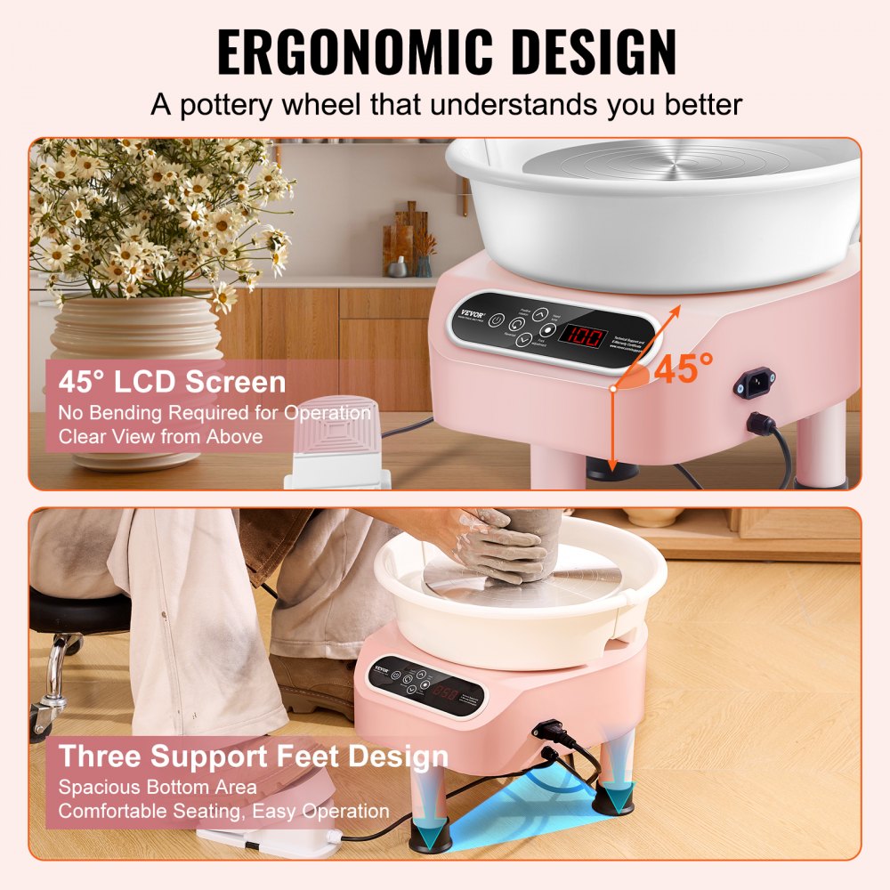 Pink 11-inch pottery wheel with ergonomic design, 45-degree LCD screen, foot pedal, and three support feet.