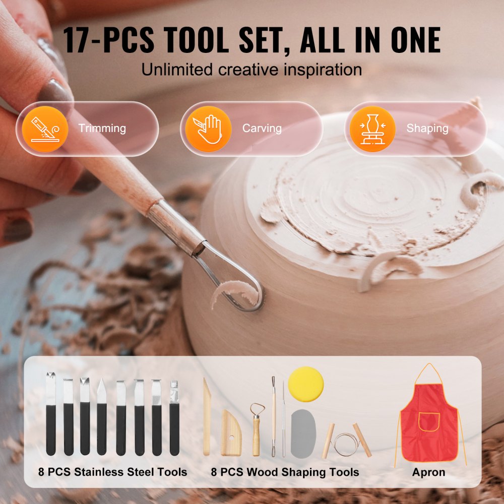 Pink 11-inch pottery wheel with 450W direct drive, foot pedal, LCD panel, detachable basin, and 17-piece tool set including apron.