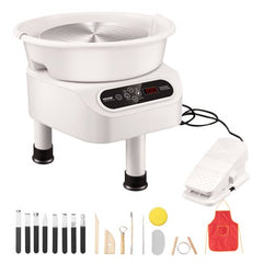 White 11-inch electric pottery wheel with LCD screen, foot pedal, and 17-piece tool set including apron.