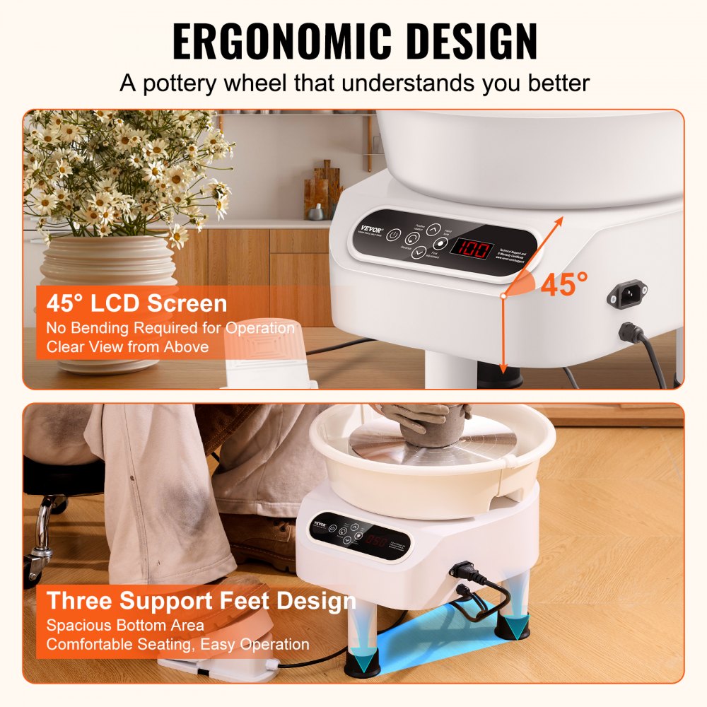 White 11-inch electric pottery wheel with LCD screen, foot pedal, ergonomic design, and three support feet.
