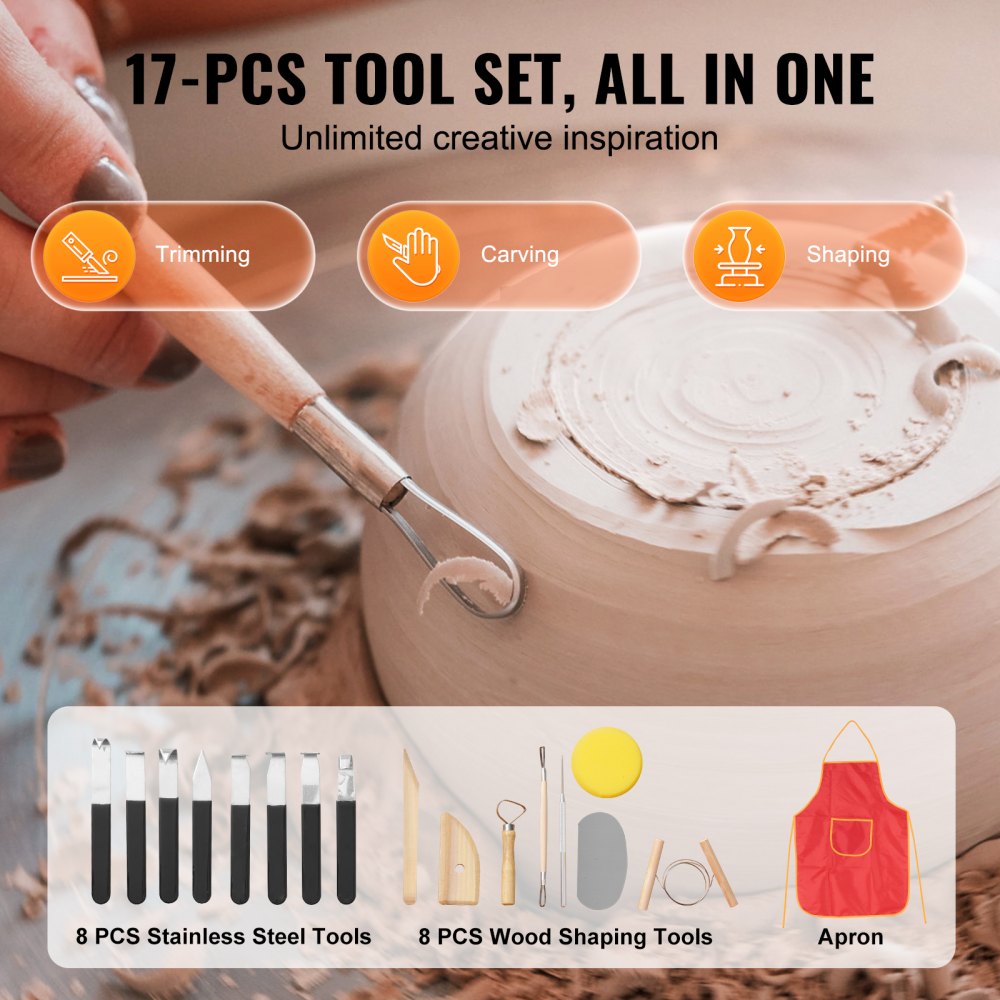 White 11-inch electric pottery wheel with foot pedal, LCD screen, and 17-piece tool set including apron.