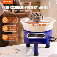 Blue 11-inch electric pottery wheel with 450W motor, foot pedal, and clay-shaping tools.