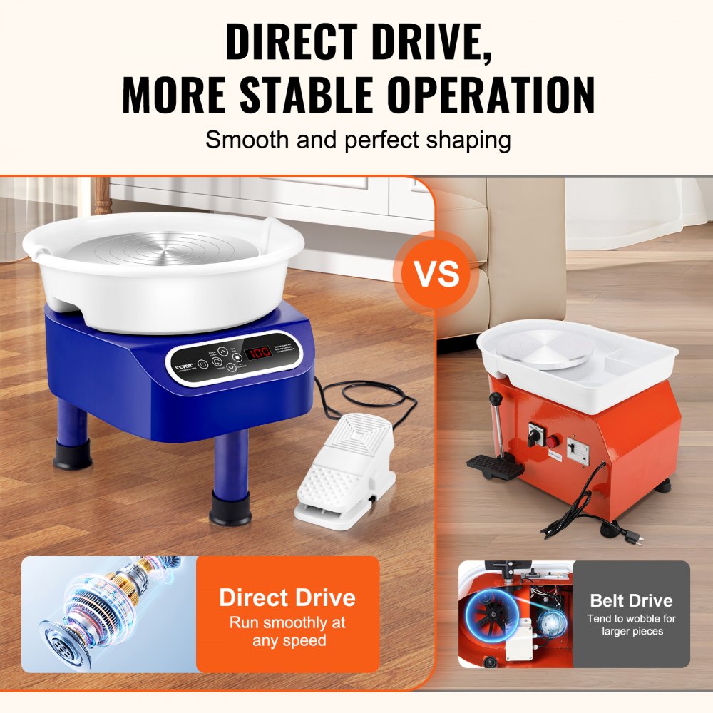 Blue 11-inch electric pottery wheel with direct-drive motor, LCD display, foot pedal, and comparison to belt-drive model.