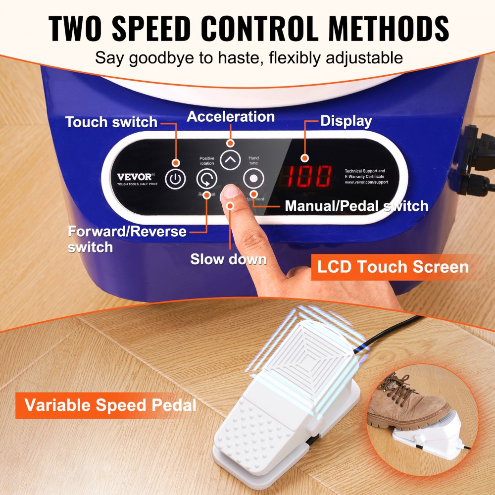 Blue 11-inch electric pottery wheel with LCD touch screen and foot pedal controls.
