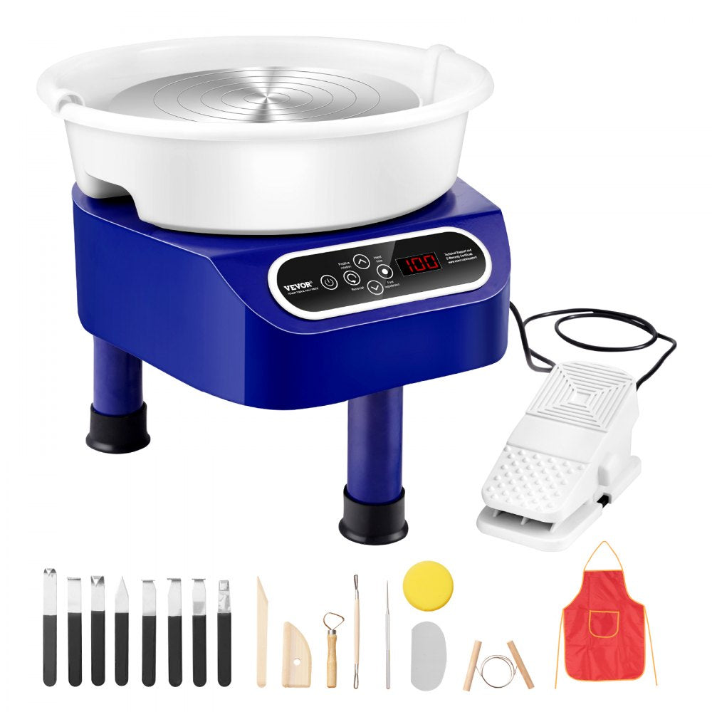 Blue 11-inch electric pottery wheel with 450W motor, foot pedal, and 17-piece tool kit including apron.