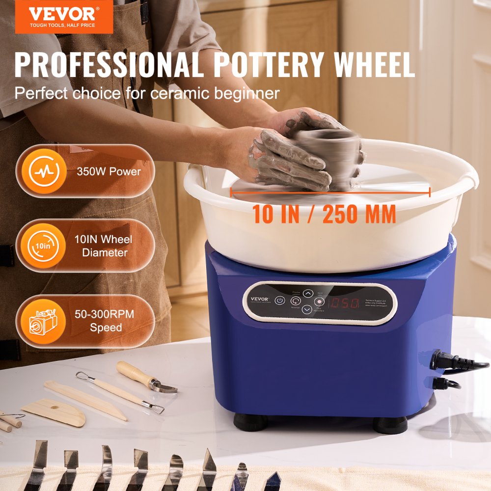 Bostome 10" electric pottery wheel in blue with foot pedal and LCD screen for pottery creation.