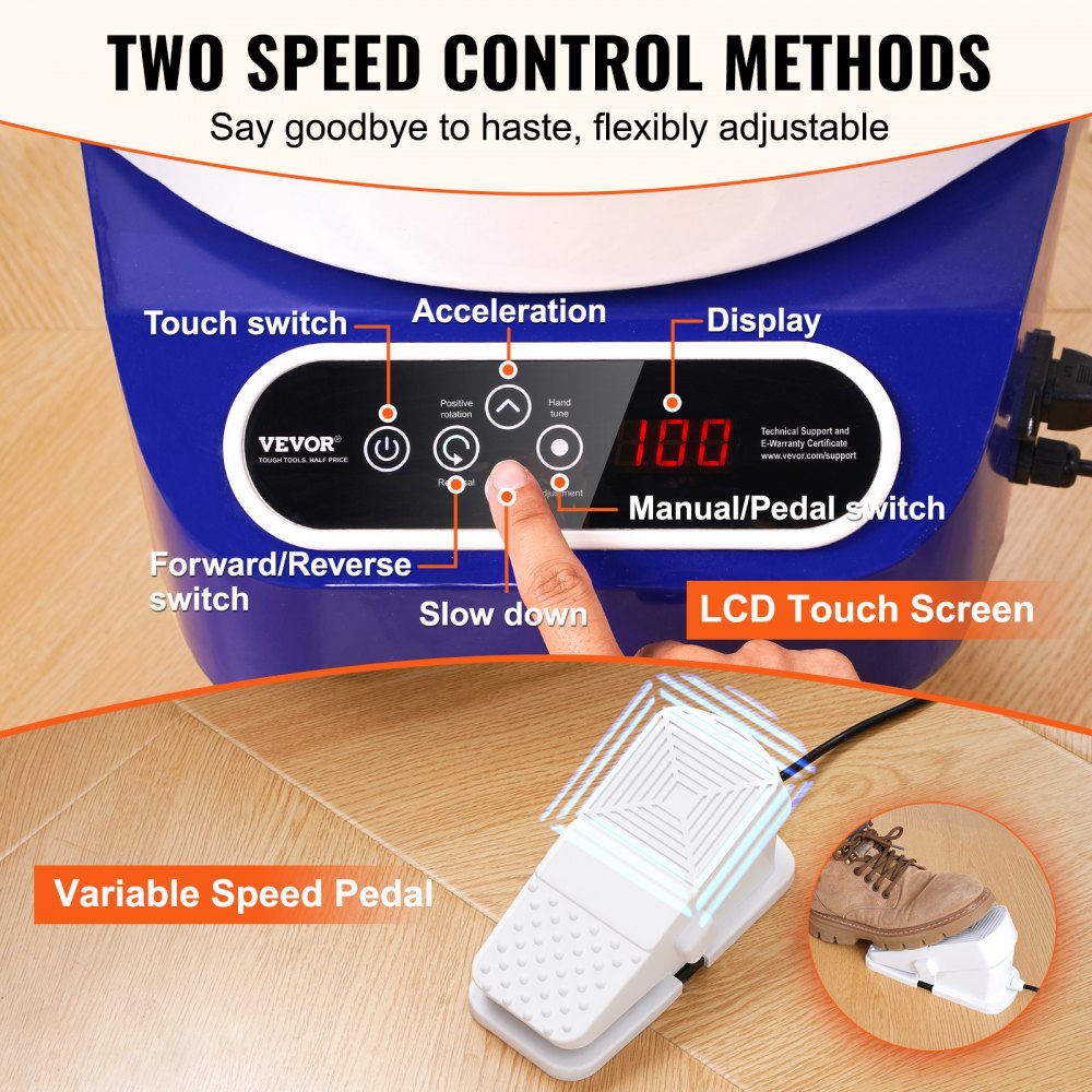 Blue Bostome 10" electric pottery wheel with foot pedal and LCD screen for precise control.