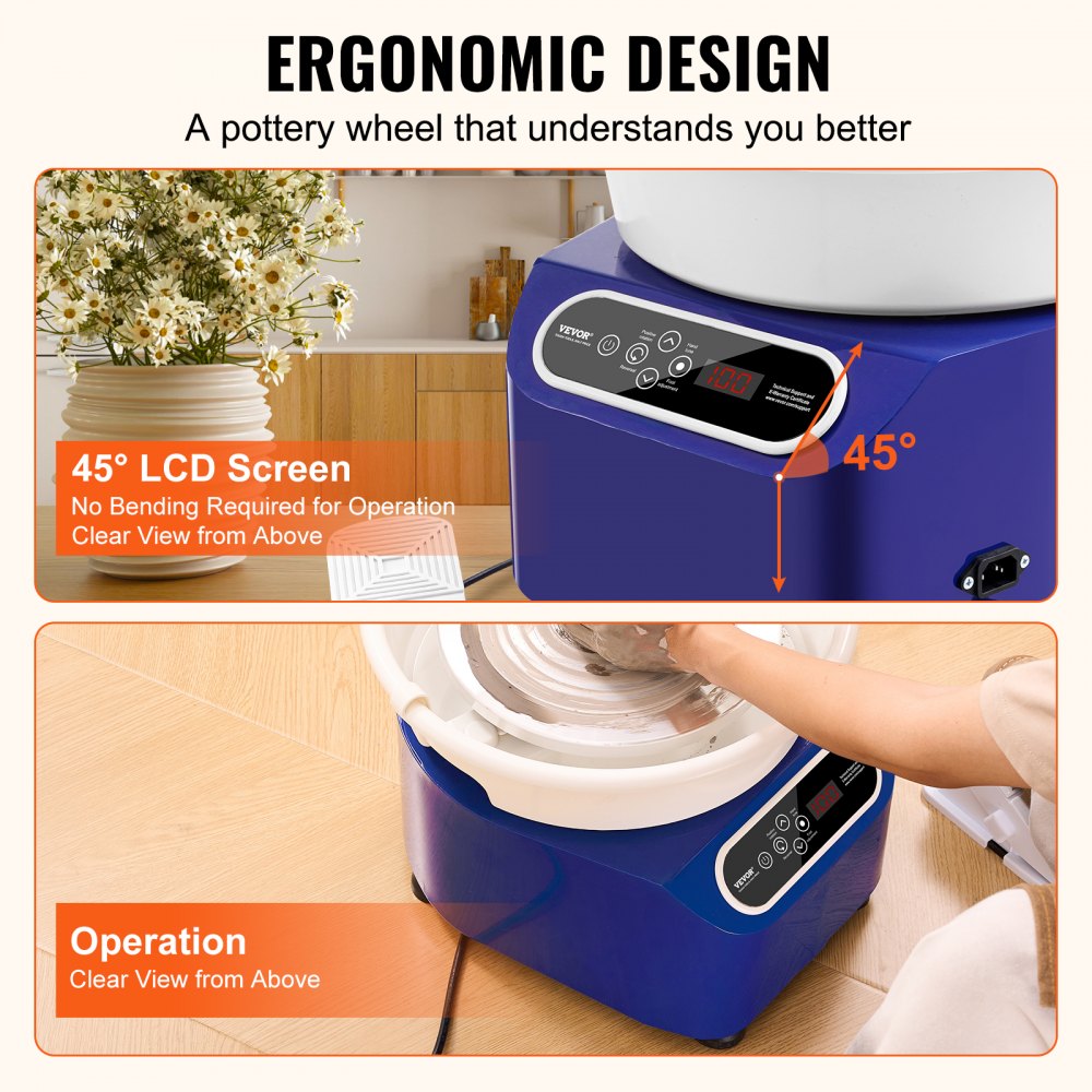 Blue Bostome 10" electric pottery wheel with foot pedal and LCD screen for precise control.