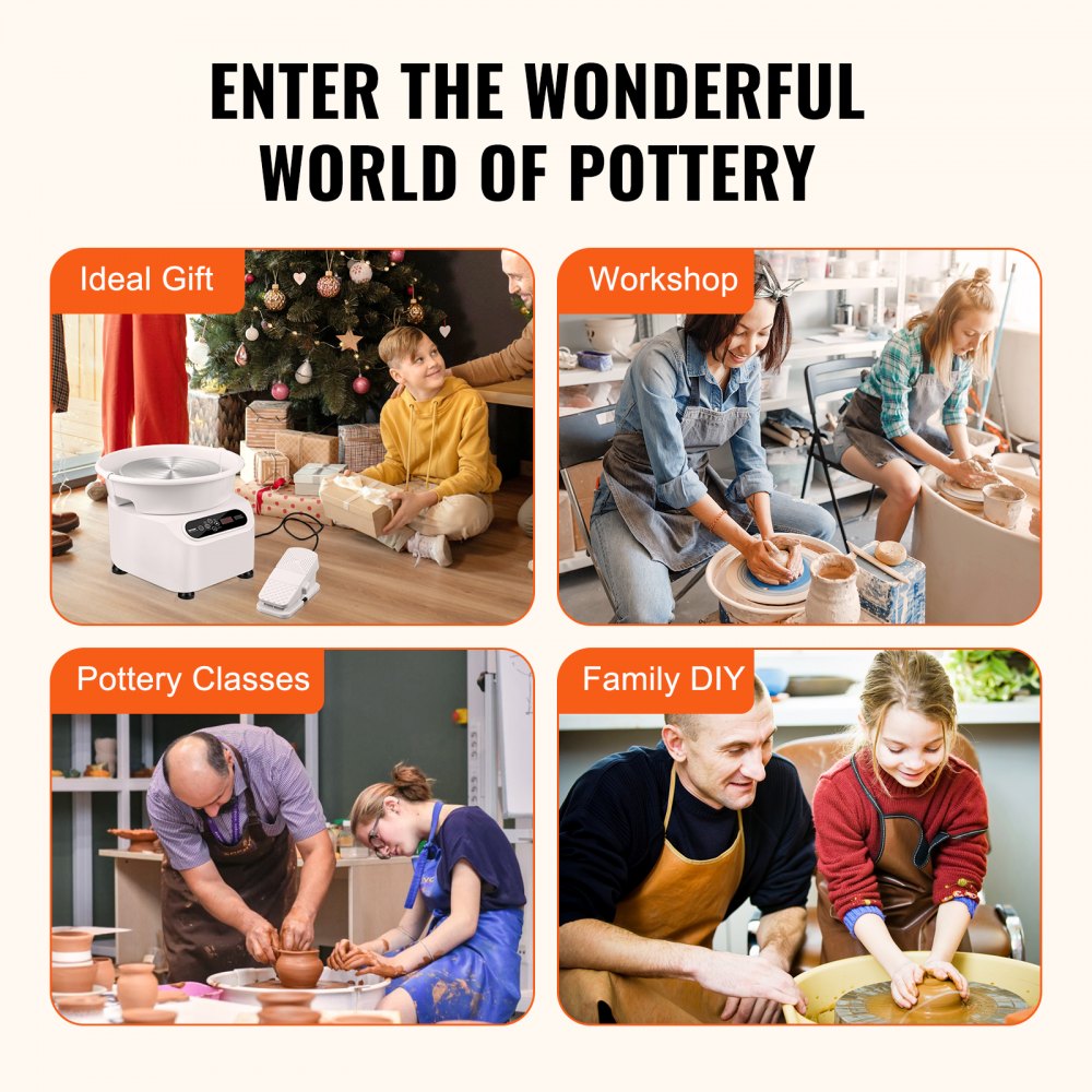 A white electric pottery wheel is shown in four lifestyle settings.
