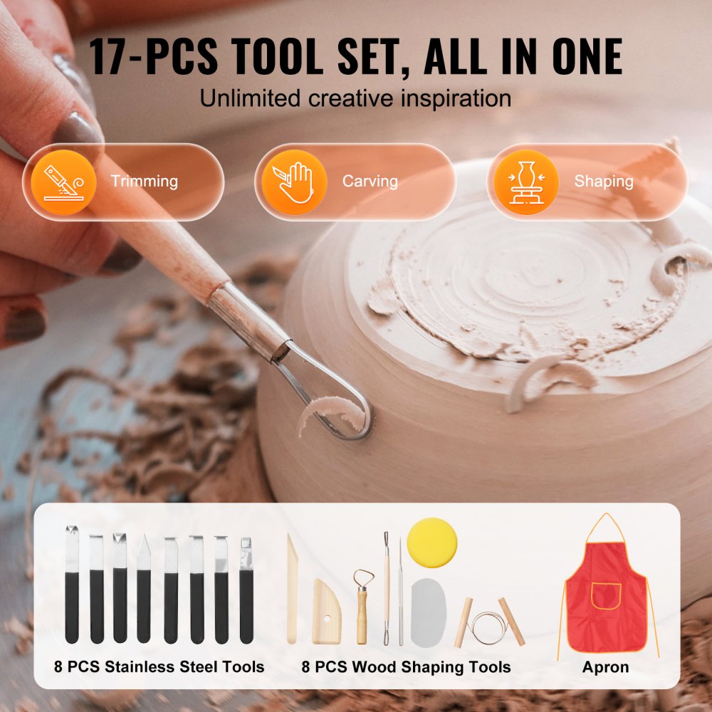 17-piece pottery tool set with 8 stainless steel tools, 8 wood shaping tools, and a red apron.
