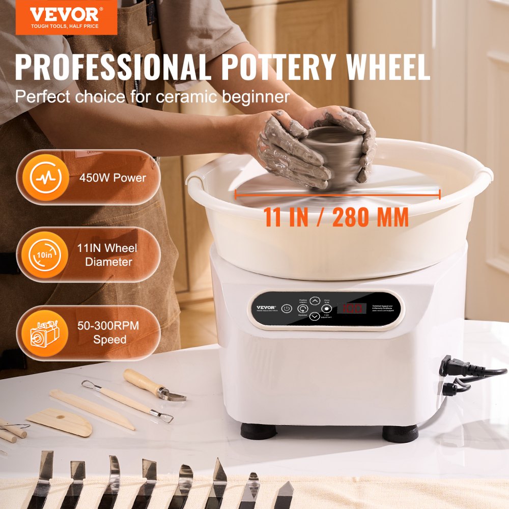 White 11-inch electric pottery wheel with 450W motor, foot pedal, LCD panel, and clay-shaping tools.