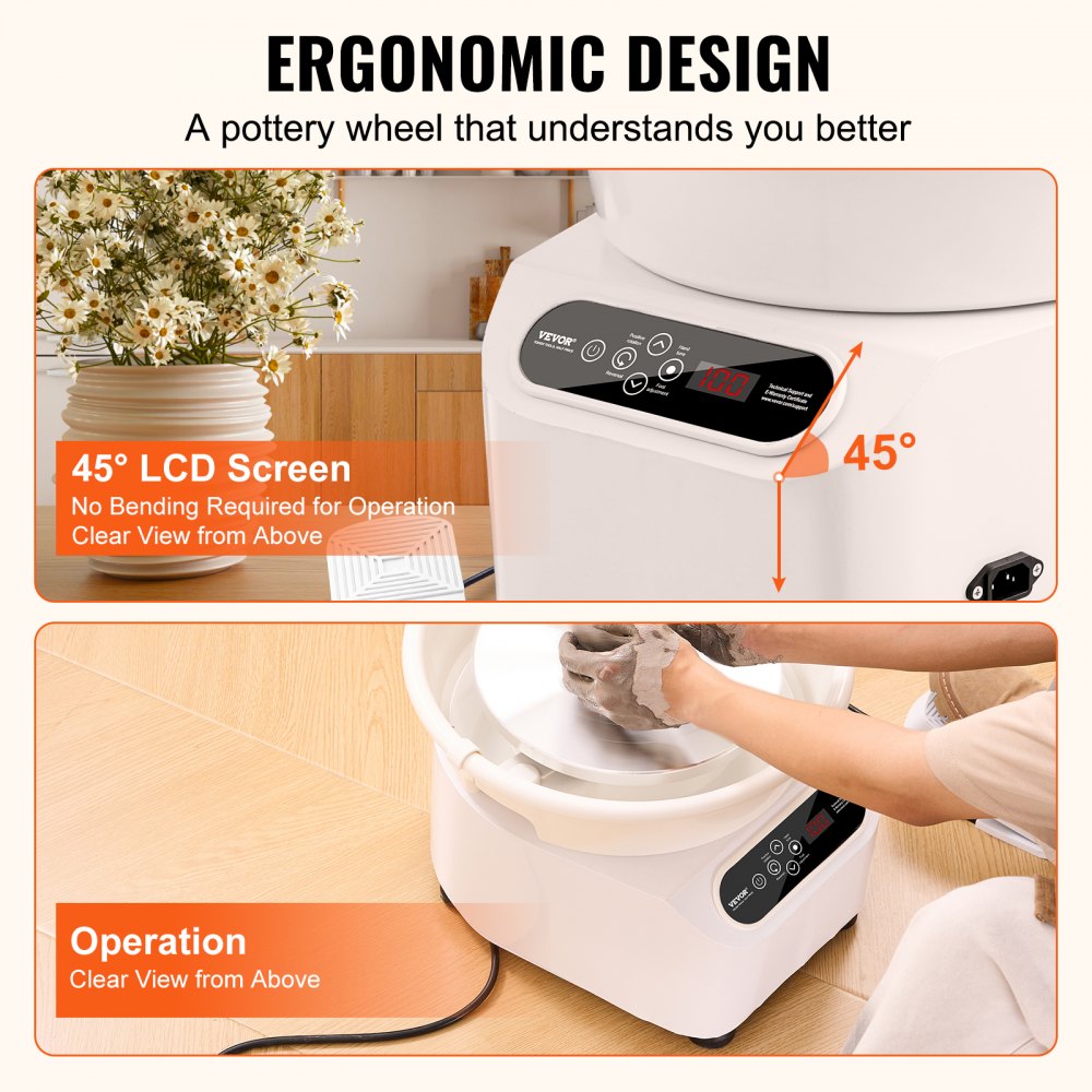 White 11-inch electric pottery wheel with ergonomic design, 45-degree LCD screen, and foot pedal operation.