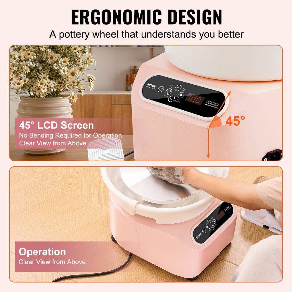 Bostome 11" electric pottery wheel in pink with foot pedal and LCD touch screen for easy crafting.