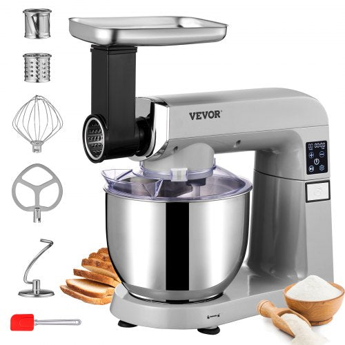 6 in 1 Stand Mixer, 450W Multifunctional Electric Mixer with Tilt-Head, 6 Speeds and LCD Screen Timing, 7.4Qt Stainless Bowl, Dough Hook, Flat Beater, Whisk, Scraper, Grinder, Stuffer, Slicer