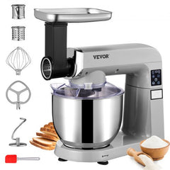 6 in 1 Stand Mixer, 450W Multifunctional Electric Mixer with Tilt-Head, 6 Speeds and LCD Screen Timing, 7.4Qt Stainless Bowl, Dough Hook, Flat Beater, Whisk, Scraper, Grinder, Stuffer, Slicer