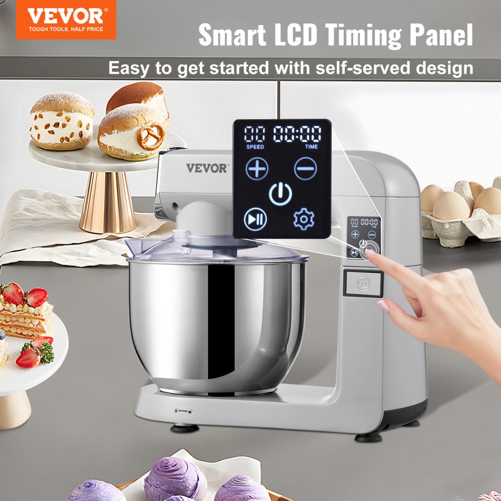 6 in 1 Stand Mixer, 450W Multifunctional Electric Mixer with Tilt-Head, 6 Speeds and LCD Screen Timing, 7.4Qt Stainless Bowl, Dough Hook, Flat Beater, Whisk, Scraper, Grinder, Stuffer, Slicer