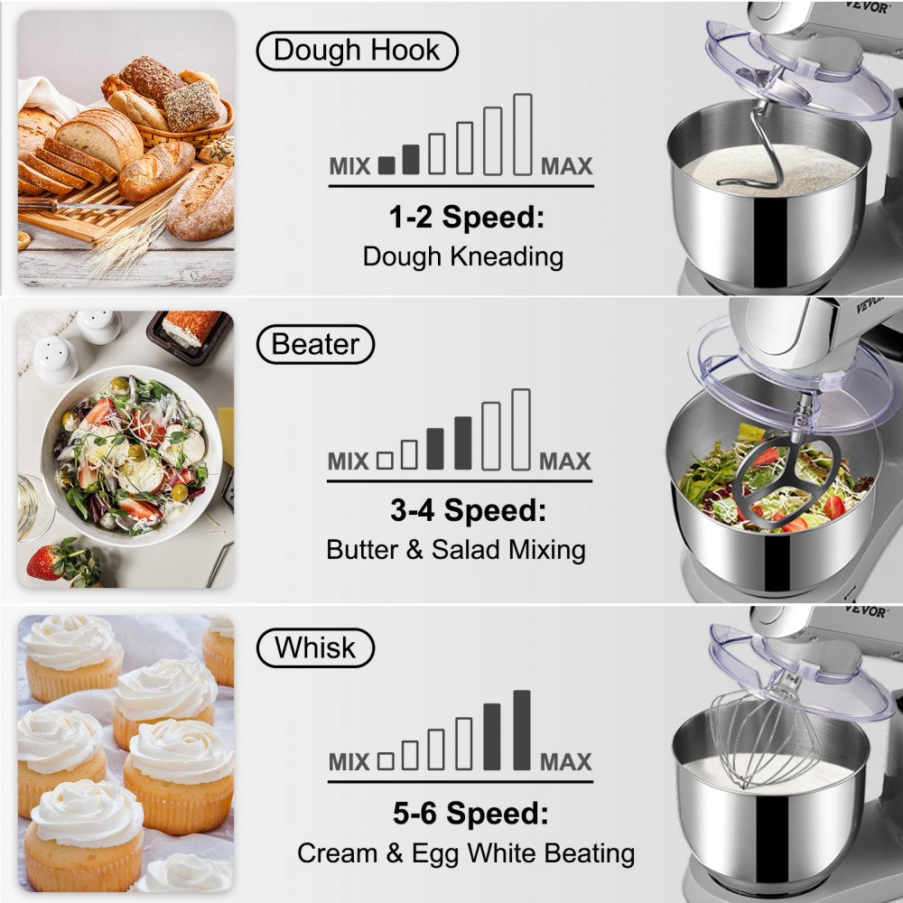 6 in 1 Stand Mixer, 450W Multifunctional Electric Mixer with Tilt-Head, 6 Speeds and LCD Screen Timing, 7.4Qt Stainless Bowl, Dough Hook, Flat Beater, Whisk, Scraper, Grinder, Stuffer, Slicer