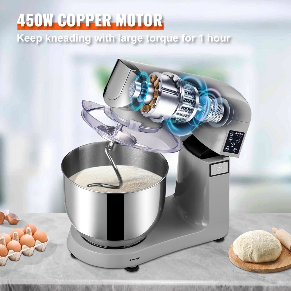 6 in 1 Stand Mixer, 450W Multifunctional Electric Mixer with Tilt-Head, 6 Speeds and LCD Screen Timing, 7.4Qt Stainless Bowl, Dough Hook, Flat Beater, Whisk, Scraper, Grinder, Stuffer, Slicer