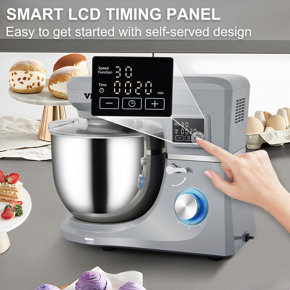 Stand Mixer, 660W Electric Dough Mixer with 6 Speeds LCD Screen Timing, Tilt-Head Food Mixer with 7.4 Qt Stainless Steel Bowl, Dough Hook, Flat Beater, Whisk, Scraper, Splash-Proof Cover - Gray