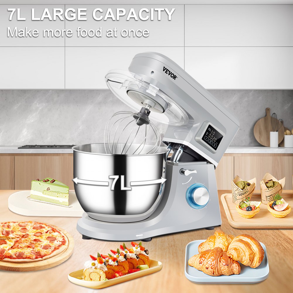 Stand Mixer, 660W Electric Dough Mixer with 6 Speeds LCD Screen Timing, Tilt-Head Food Mixer with 7.4 Qt Stainless Steel Bowl, Dough Hook, Flat Beater, Whisk, Scraper, Splash-Proof Cover - Gray