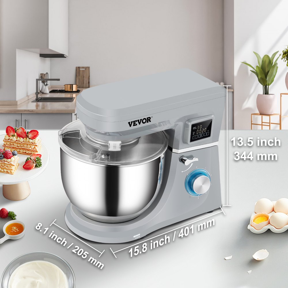 Stand Mixer, 660W Electric Dough Mixer with 6 Speeds LCD Screen Timing, Tilt-Head Food Mixer with 7.4 Qt Stainless Steel Bowl, Dough Hook, Flat Beater, Whisk, Scraper, Splash-Proof Cover - Gray