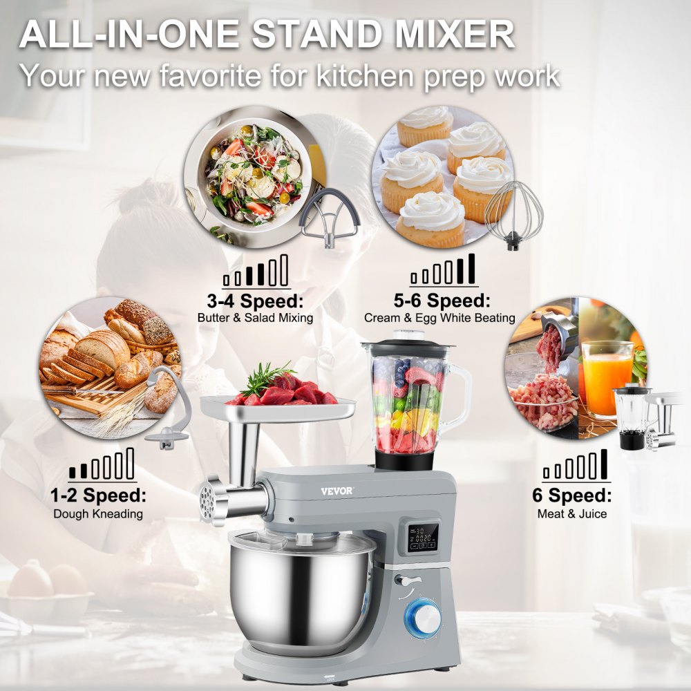 5 IN 1 Stand Mixer, 660W Tilt-Head Multifunctional Electric Mixer with 6 Speeds LCD Screen Timing, 7.4 Qt Stainless Bowl, Dough Hook, Flat Beater, Whisk, Scraper, Meat Grinder, Juice Cup - Gray