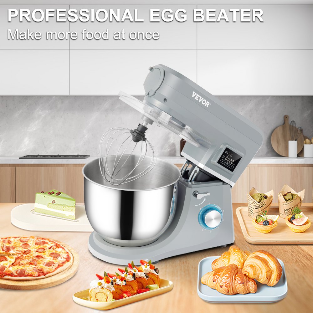 5 IN 1 Stand Mixer, 660W Tilt-Head Multifunctional Electric Mixer with 6 Speeds LCD Screen Timing, 7.4 Qt Stainless Bowl, Dough Hook, Flat Beater, Whisk, Scraper, Meat Grinder, Juice Cup - Gray
