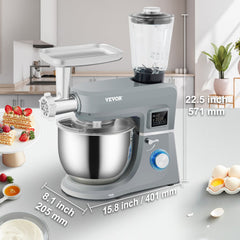 5 IN 1 Stand Mixer, 660W Tilt-Head Multifunctional Electric Mixer with 6 Speeds LCD Screen Timing, 7.4 Qt Stainless Bowl, Dough Hook, Flat Beater, Whisk, Scraper, Meat Grinder, Juice Cup - Gray