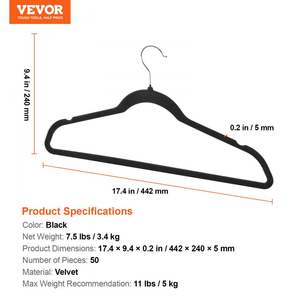 Hangers, 11lbs Load-Bearing, 50 Pack Black Velvet Hangers with 360 Degree Swivel Hook & 0.2 in Ultra-Thin Design, Non-Slip Space Saving Hangers, Fit for Silk Garments, Coats, Sweaters & Straps