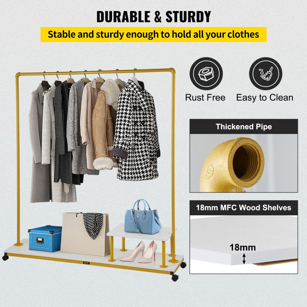 Clothing Garment Rack, 59.1"x14.2"x63.0", Heavy-Duty Clothes Rack w/Bottom Shelf & Side Shelf, 4 Swivel Casters, Sturdy Steel Frame, Rolling Clothes Organizer for Retail Store Boutique, Gold