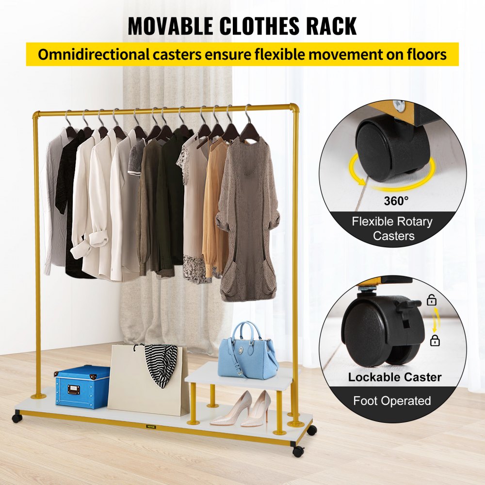 Clothing Garment Rack, 59.1"x14.2"x63.0", Heavy-Duty Clothes Rack w/Bottom Shelf & Side Shelf, 4 Swivel Casters, Sturdy Steel Frame, Rolling Clothes Organizer for Retail Store Boutique, Gold