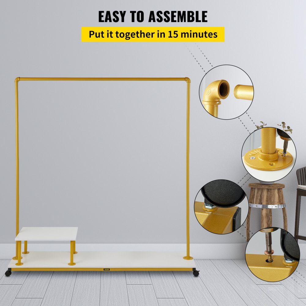 Clothing Garment Rack, 59.1"x14.2"x63.0", Heavy-Duty Clothes Rack w/Bottom Shelf & Side Shelf, 4 Swivel Casters, Sturdy Steel Frame, Rolling Clothes Organizer for Retail Store Boutique, Gold