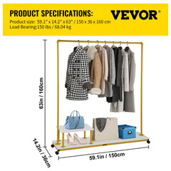 Clothing Garment Rack, 59.1"x14.2"x63.0", Heavy-Duty Clothes Rack w/Bottom Shelf & Side Shelf, 4 Swivel Casters, Sturdy Steel Frame, Rolling Clothes Organizer for Retail Store Boutique, Gold