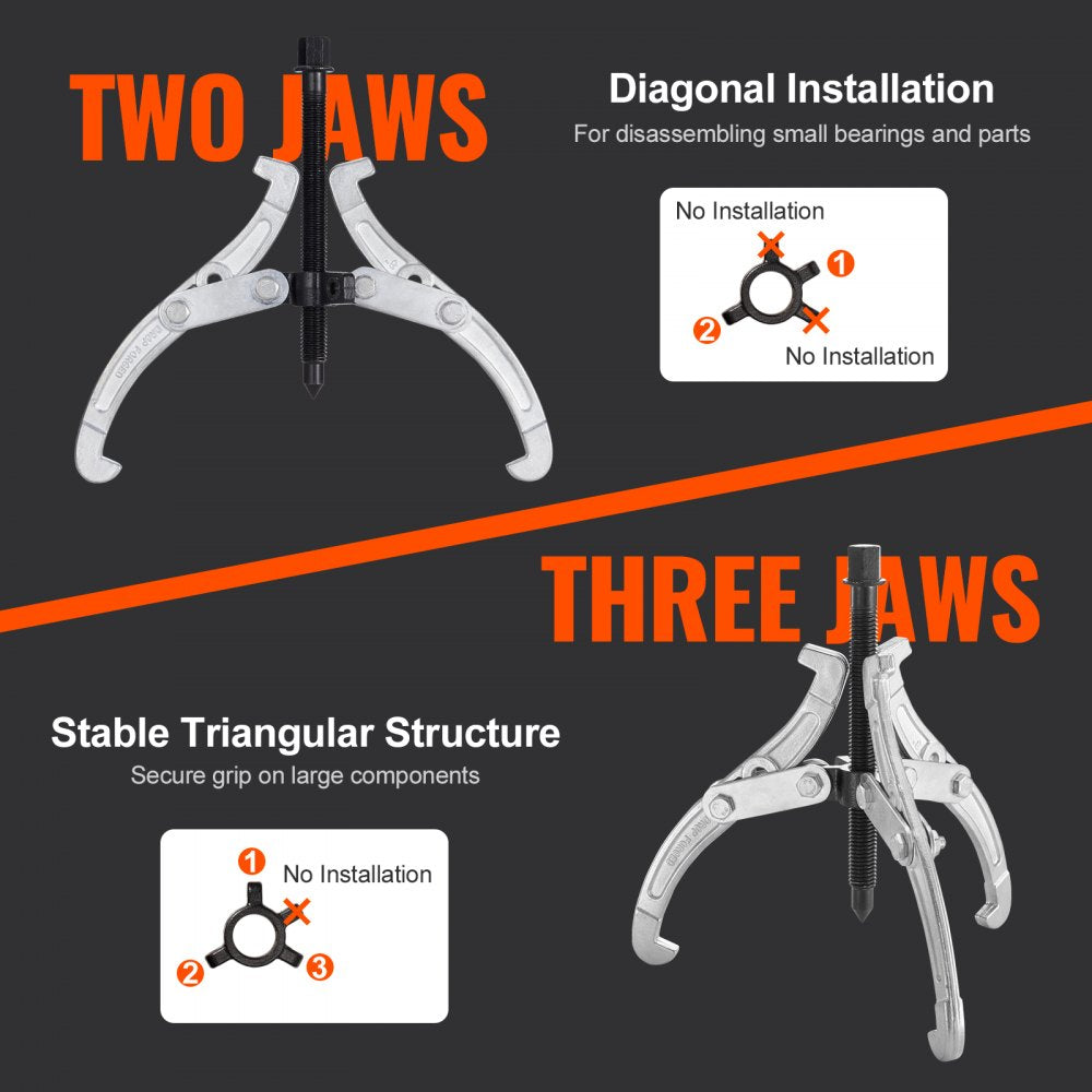 Gear Puller Set, 3" 4" 6" 8" Puller Kit, 3 Jaw Gear Bearing Flywheel Pulley Removal Tool, 2 or 3 Reversible Jaws Wheel Puller, Vertically and Horizontally, External and Internal, 4-Piece