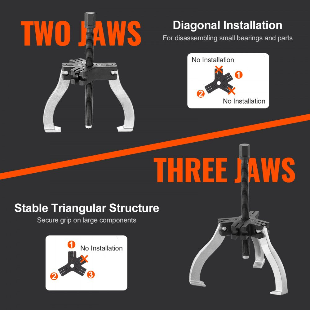 Gear Puller Set, 3" and 7" Puller Kit, 3 Jaw Gear Bearing Flywheel Pulley Removal Tool, 2 or 3 Reversible Jaws Wheel Puller, Vertically and Horizontally, External and Internal, 2-Piece
