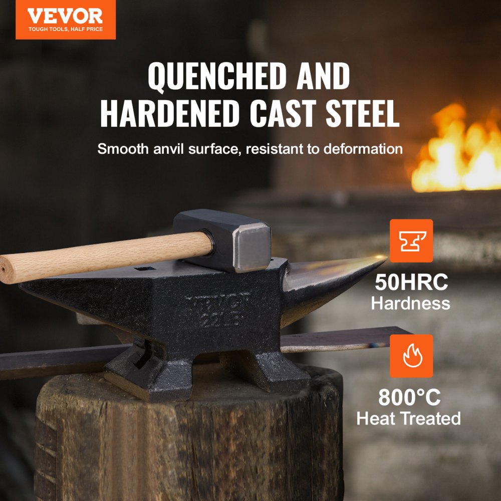 A 22-pound cast steel anvil with single horn, 50 HRC hardness, and smooth face.