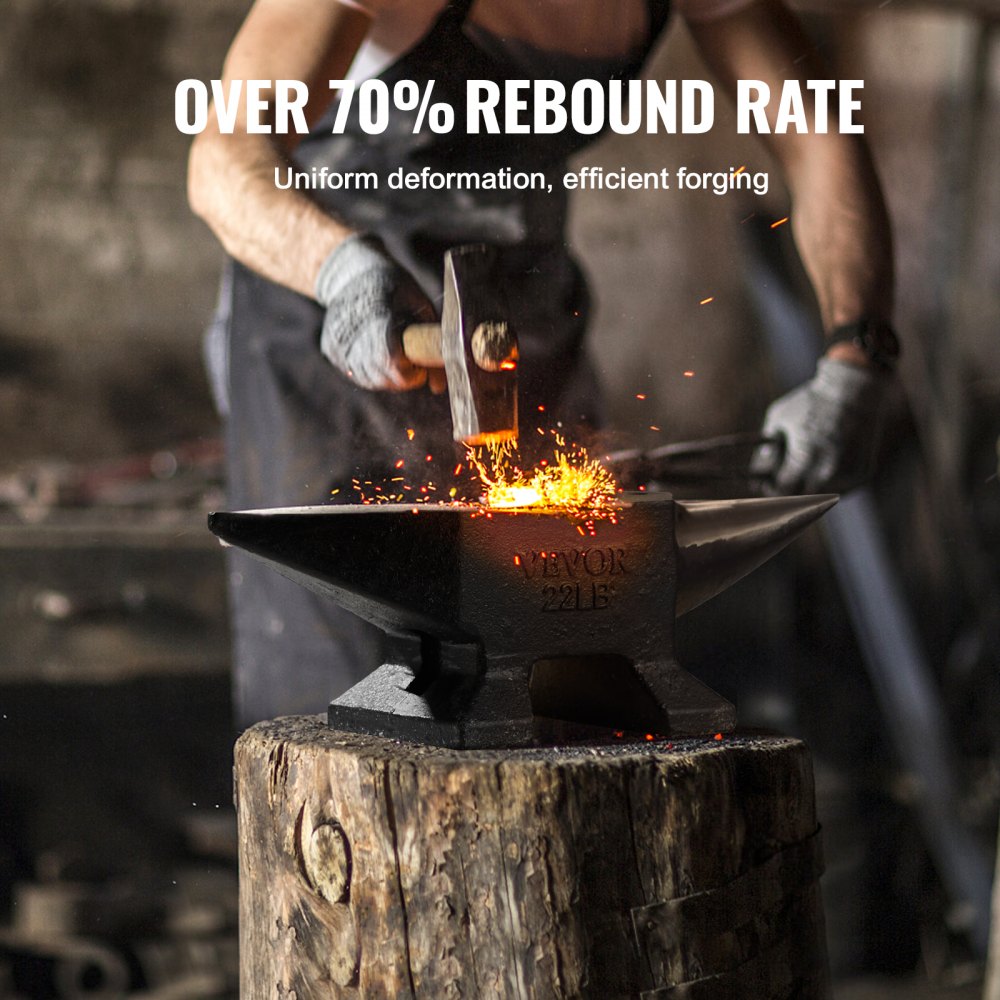 Man using hammer on glowing hot metal atop Bostome 22lbs cast steel single horn anvil.