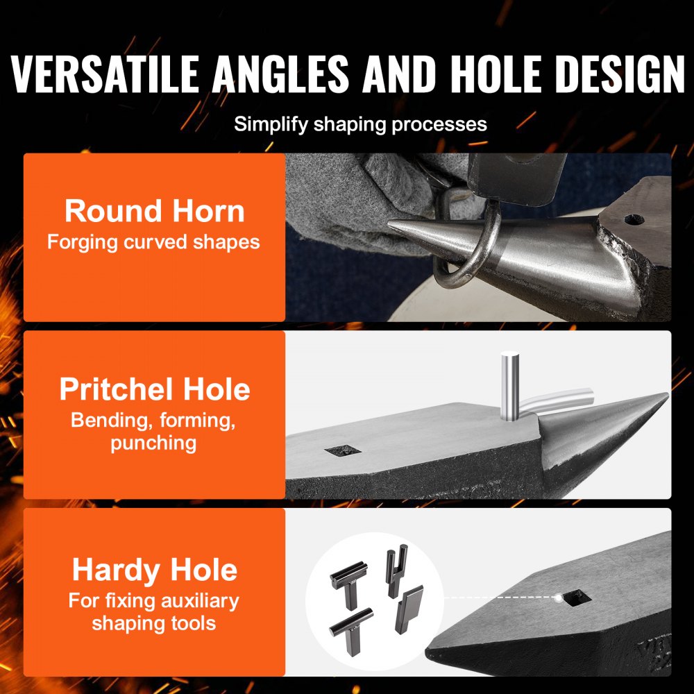 Image of a 22lbs cast steel single horn anvil showing versatile angles, round horn for forging curved shapes, Pritchel hole for punching, and hardy hole for shaping tools.