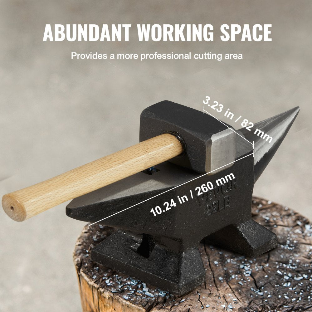 22lbs cast steel single horn anvil with 10.2-inch face and 50HRC hardness on wooden stump.