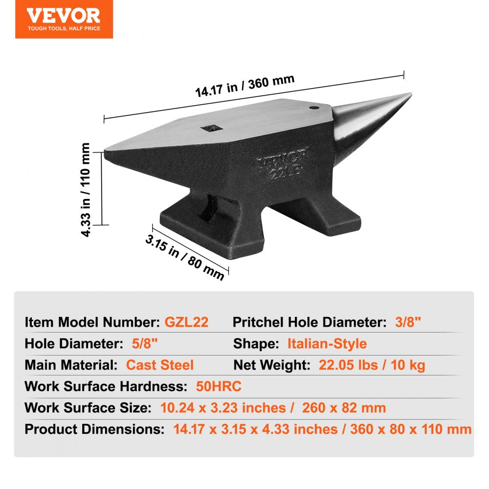 22lbs cast steel single horn anvil with 50HRC hardness and Italian-style shape.