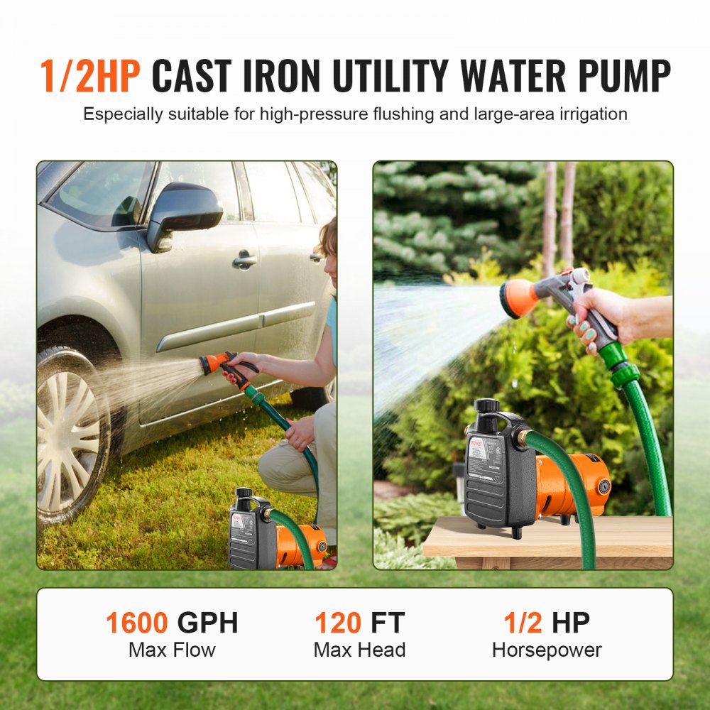 Cast Iron Water Transfer Pump, 115V AC 1600 GPH 1/2HP, Portable Electric Utility Pump with Carbon Brush, Filter, Brass Connectors, for Garden, Rain Barrel, Pool, Pond, Hot Tub, Aquarium Draining