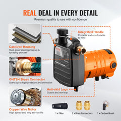 Cast Iron Water Transfer Pump, 115V AC 1600 GPH 1/2HP, Portable Electric Utility Pump with Carbon Brush, Filter, Brass Connectors, for Garden, Rain Barrel, Pool, Pond, Hot Tub, Aquarium Draining