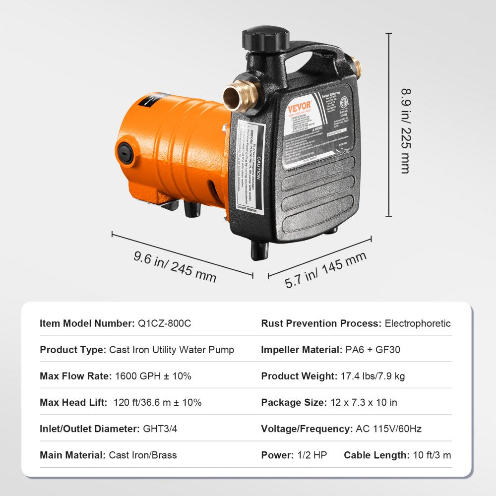 Cast Iron Water Transfer Pump, 115V AC 1600 GPH 1/2HP, Portable Electric Utility Pump with Carbon Brush, Filter, Brass Connectors, for Garden, Rain Barrel, Pool, Pond, Hot Tub, Aquarium Draining