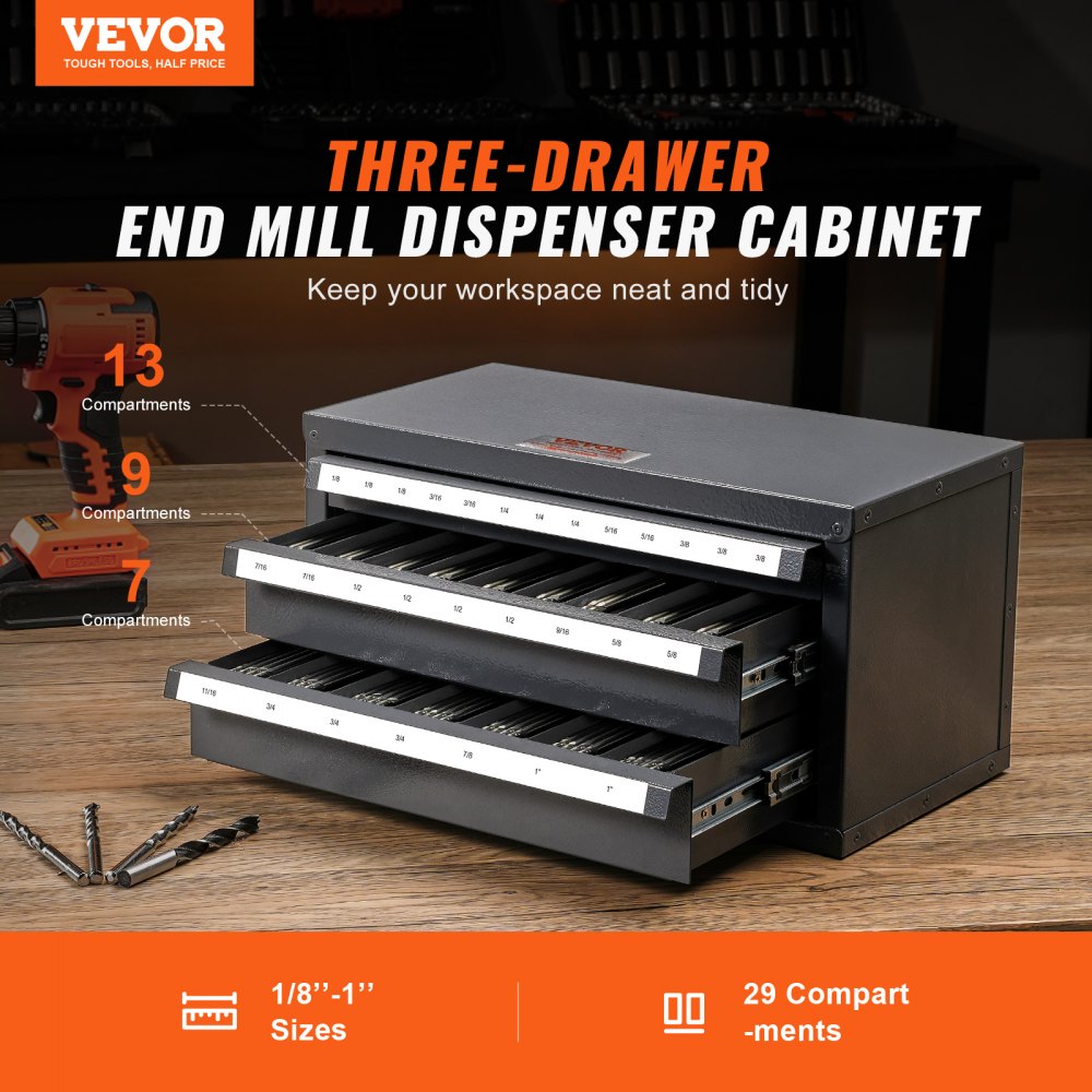 End Mill Dispenser Cabinet, Three-Drawer End Mill Organizer Cabinet for 1/8" to 1", Steel End Mill Dispenser Organizer Cabinet with Labels, 29-Compartment Stackable for End Mill Storage