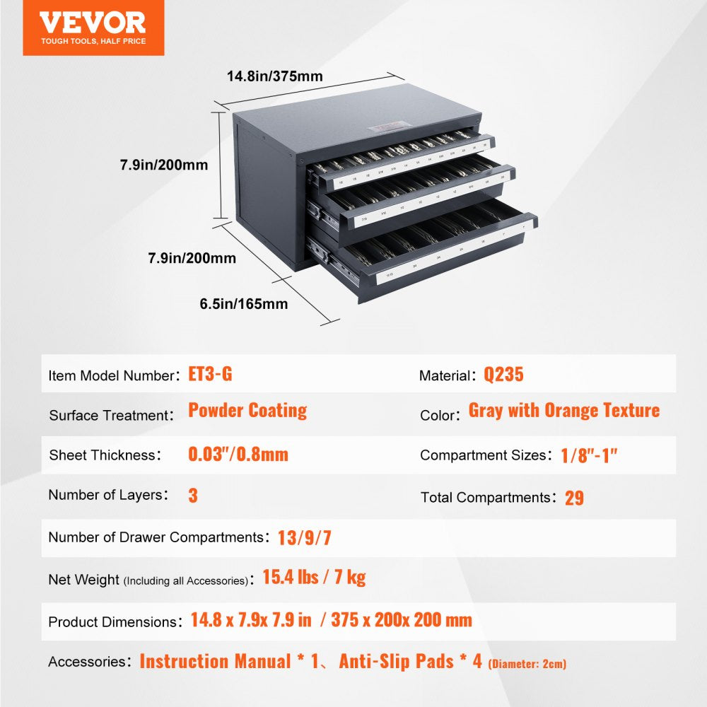 End Mill Dispenser Cabinet, Three-Drawer End Mill Organizer Cabinet for 1/8" to 1", Steel End Mill Dispenser Organizer Cabinet with Labels, 29-Compartment Stackable for End Mill Storage