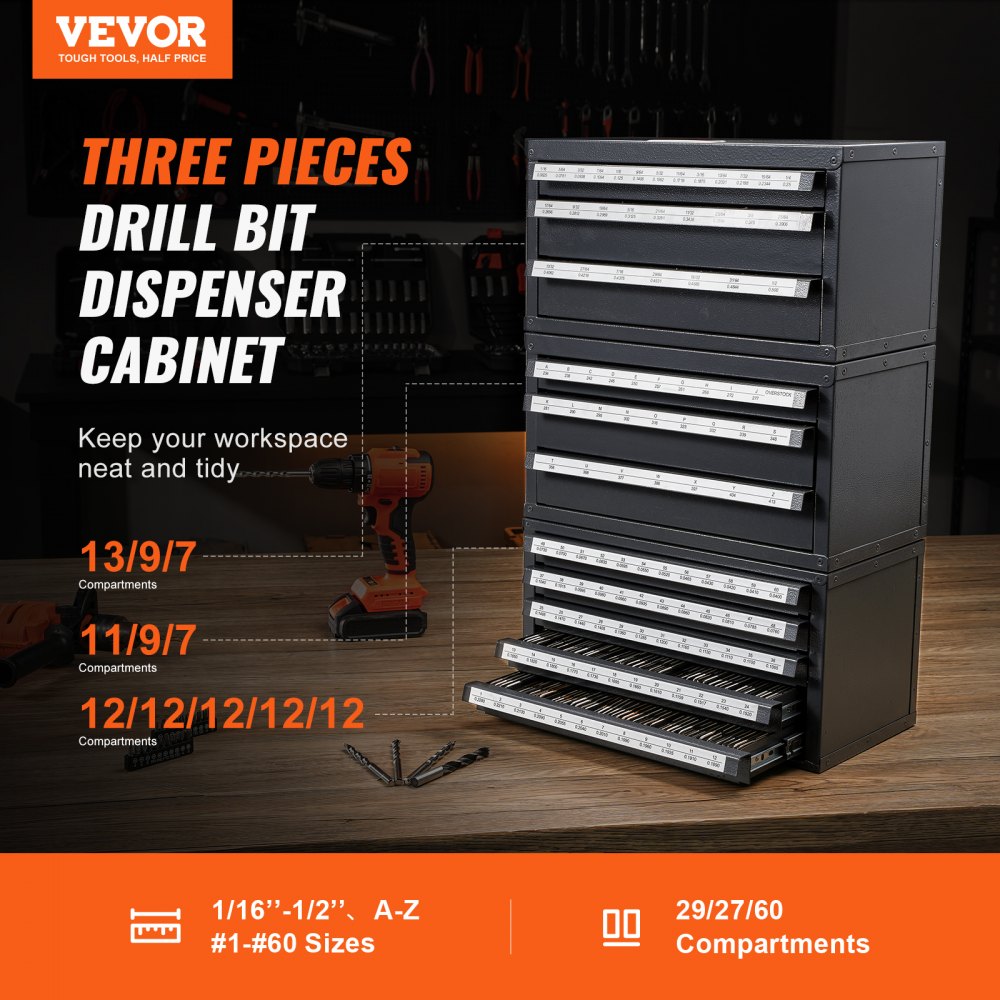 Drill Bit Dispenser Cabinet, 3 Pieces Three-Drawer for 1/16" to 1/2" & Letter Sizes A to Z, Five-Drawer Drill Bit Organizer for Wire Gauge Sizes #1 to #60, Stackable for Drill Bit Storage
