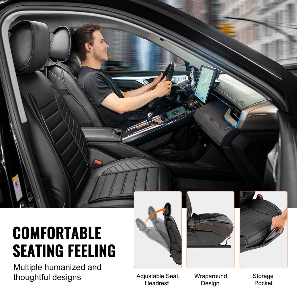 Seat Covers, Universal Car Seat Covers Front Seats, 2pcs Faux Leather Seat Cover, Semi-enclosed Design, Detachable Headrest and Airbag Compatible, for Most Cars SUVs and Trucks Black